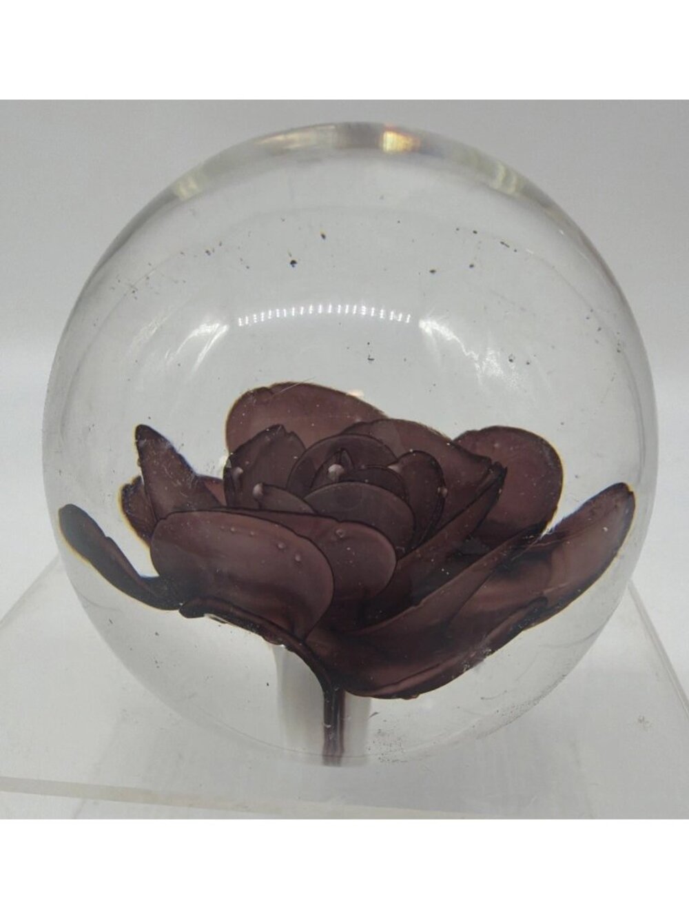 Blown Glass Paperweight 3D Flower Deep Purple Mauve Decorative Polished Dome